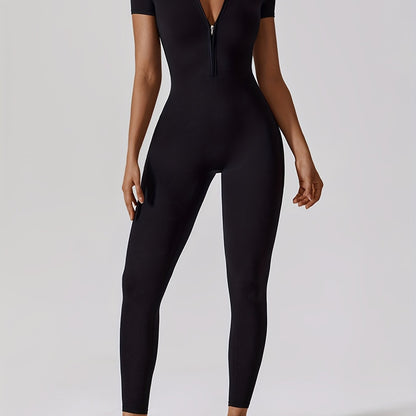 Zip-front short sleeve jumpsuit for women, ideal for yoga, fitness, dance, and athletic training.