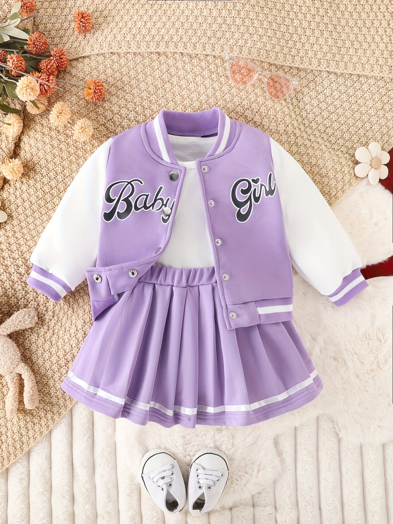 Preppy Style 2-piece BABY GIRL Print Baseball Jacket and Pleated Skirt Set for Parties and Sports, a perfect gift idea.