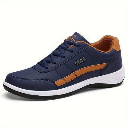 Men's road running shoes in navy blue with orange accents, lace-up style, featuring fabric lining, PU upper, EVA insole, and MD sole for durability and comfort, suitable for casual attire.