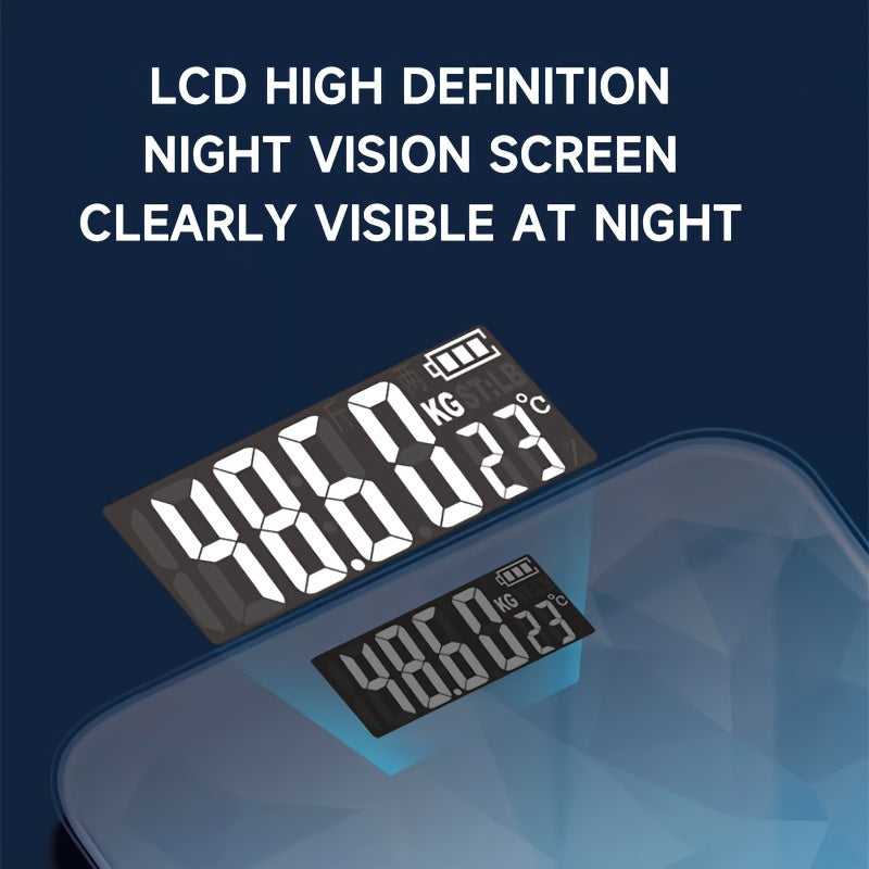 Digital smart bathroom scale with LCD display, high precision weighing up to 400lbs, gradient blue design, battery powered (AAA*2).