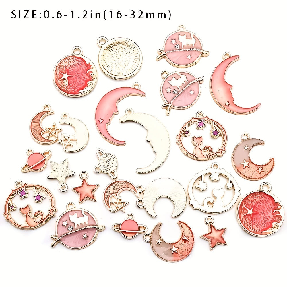 DIY Set of 24 Pink Assorted Gold Plated Enamel Cat Moon Star Celestial Pendants for Handmaking Earrings, Necklaces, Bracelets, and Jewelry