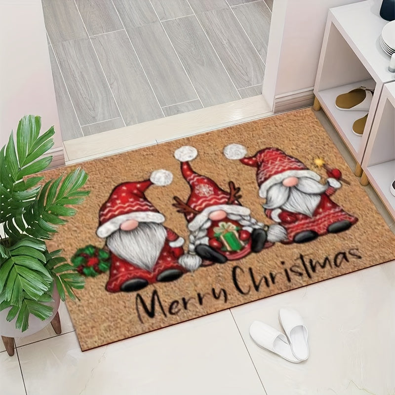 Welcome guests in style with this Christmas-themed door mat featuring a festive gnome design. Made with non-slip polyester fiber, this entry rug is perfect for both indoor and outdoor use. Easy to clean with a hand washable design. Perfect for adding