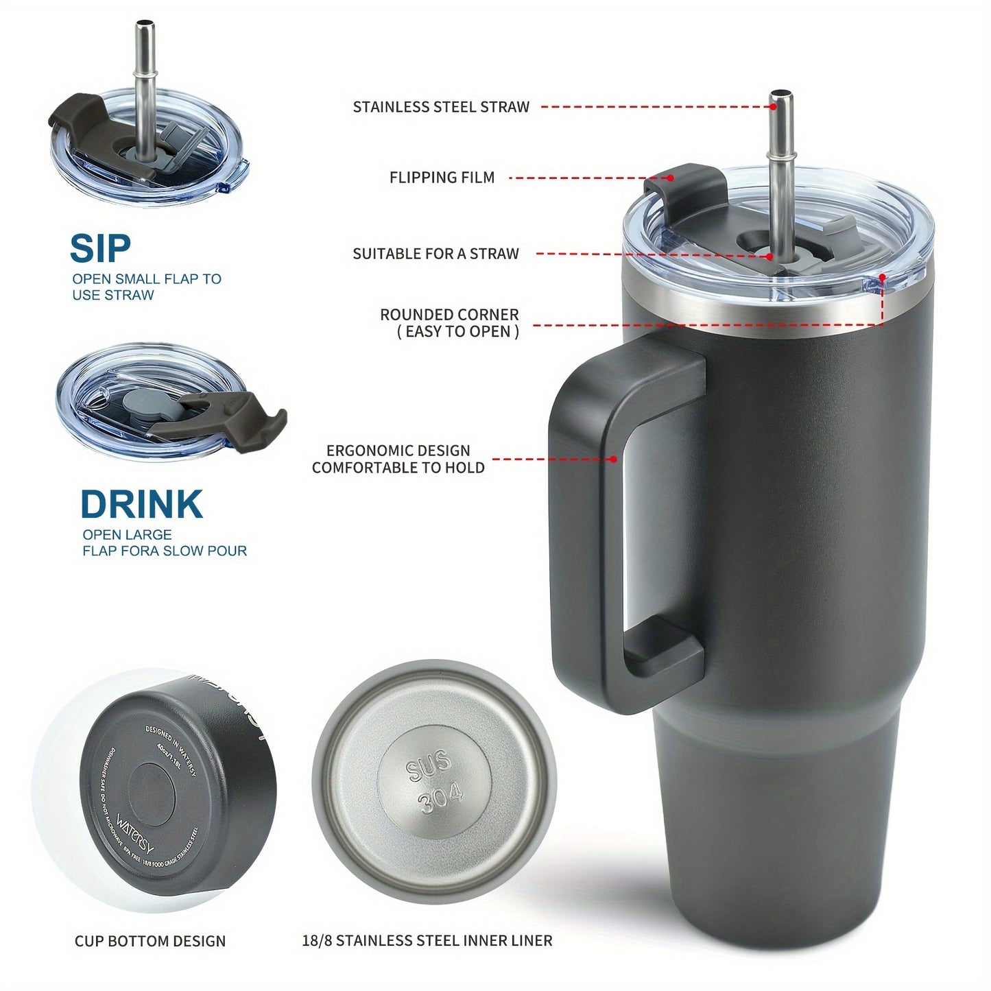 WATERSY 30 oz/40 oz Tumbler tutqichi va solgich bilan, suyuqlik o'tkazmaydigan izolyatsiyalangan, barcha aksessuarlar bilan birga: 2-in-1 qopqoq, zanglamas po'latdan yasalgan solgich, tozalovchi