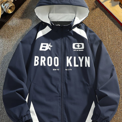 Men's lightweight windproof hooded jacket with Brooklyn-inspired design, side stripe, long sleeves, drawstring detail, and zip-up closure. Made of machine washable polyester.