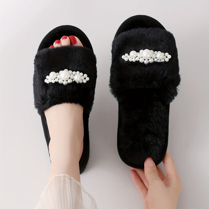 Stylish Faux Pearl Home Slippers with Plush Lining and Non-slip Sole