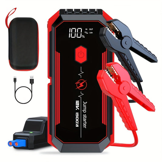 2500A Portable Car Jump Starter with fast charging, LED light, USB QC3.0, suitable for up to 8L gas & 7L diesel engines, and lithium polymer battery.