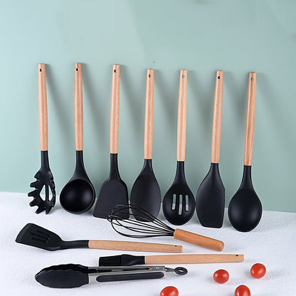 [Highly Rated] This 12-piece kitchen utensil set features silicone and wooden handle cookware that is perfect for all your cooking needs. These heat-resistant utensils are gentle on pots and pans and come with a convenient storage bucket for added