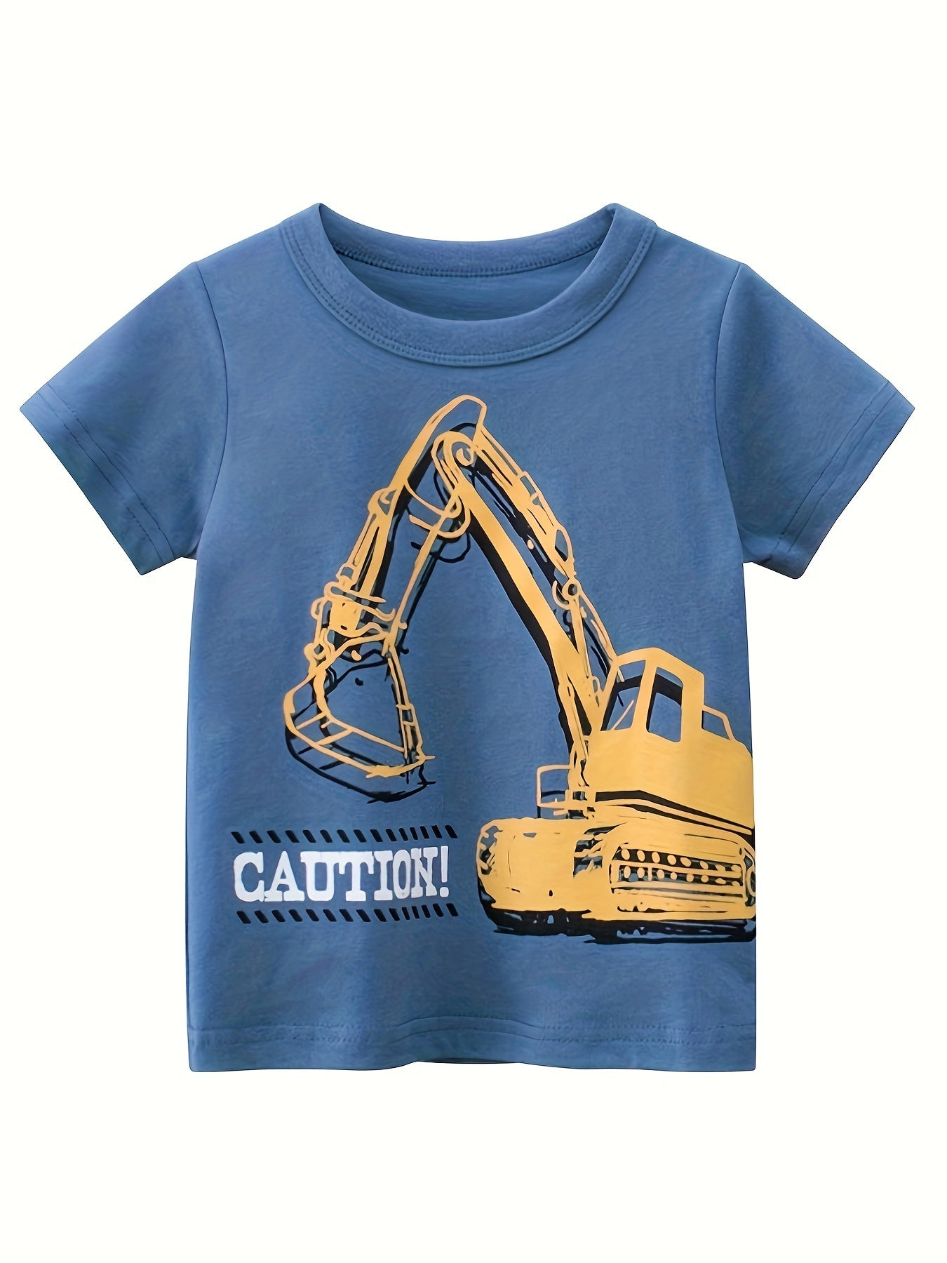 Four summer cotton t-shirts for boys in navy, beige, and blue featuring cartoon excavator and far out prints. Soft and breathable youngsters' clothing.