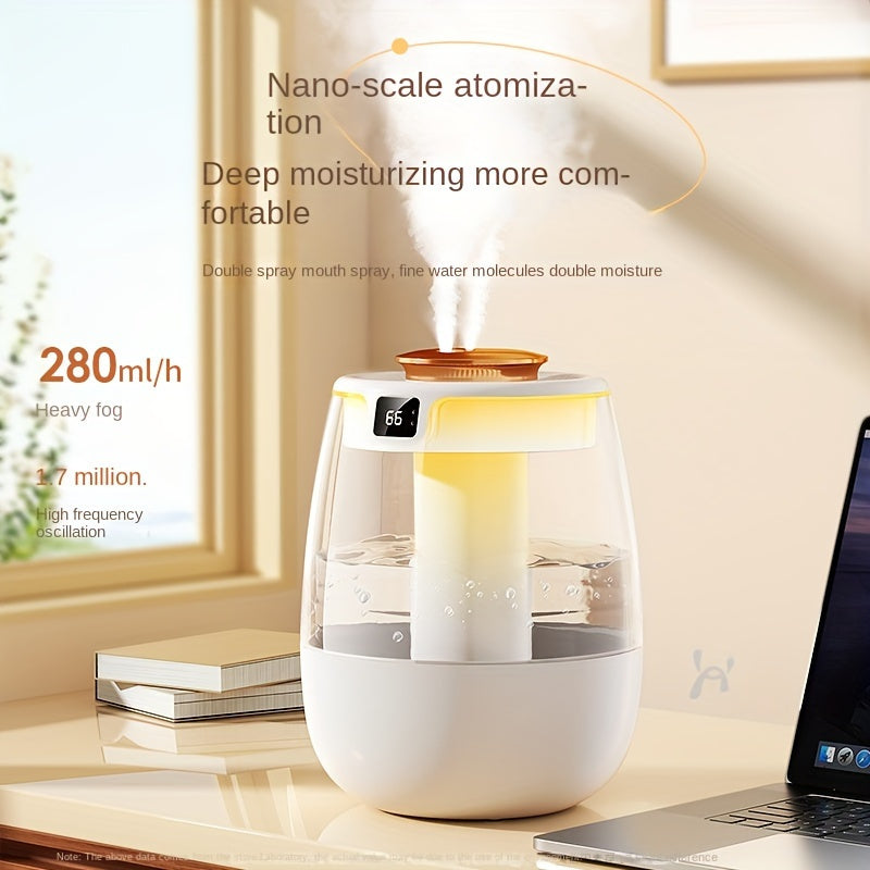 Quiet USB humidifier with large capacity, perfect for bedroom or desk, with dual mist settings, night light, and digital display.