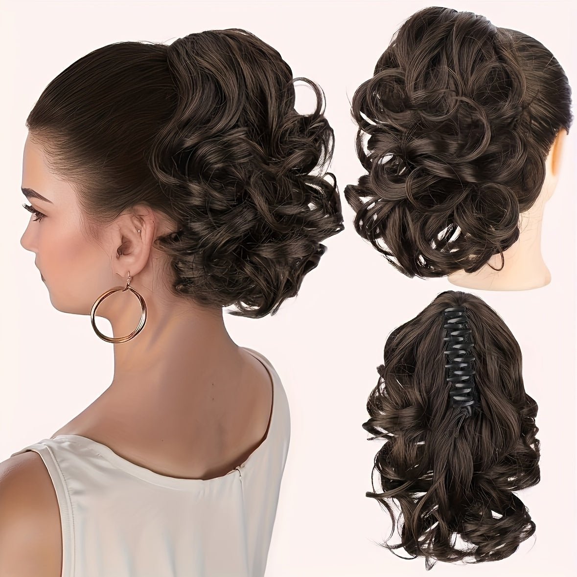 Luxurious curly wavy claw ponytail extensions made with premium synthetic clip-ins for instant volume and versatile style, ideal for everyday fashion and special occasions.