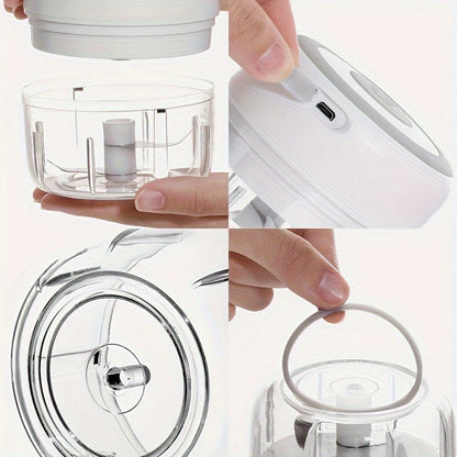 The RZSYZH Electric Mini Garlic Chopper is a convenient kitchen gadget with a 250ml capacity and USB rechargeable design. It features stainless steel square blades for efficient chopping of garlic, vegetables, nuts, and more. This portable food mincer is