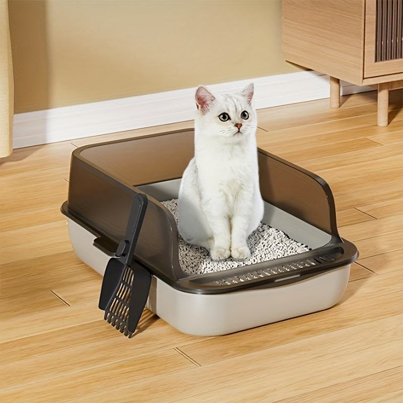 Three-piece high-quality plastic cat litter box with shovel, easy for cats to enter and exit, square high edge design for easy cleaning.