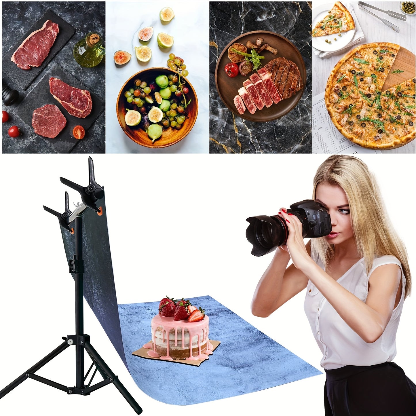 5 pieces of large 87x57cm marble wood cement product background paper with 10 patterns for food photography. Double-sided for tabletop backdrops.