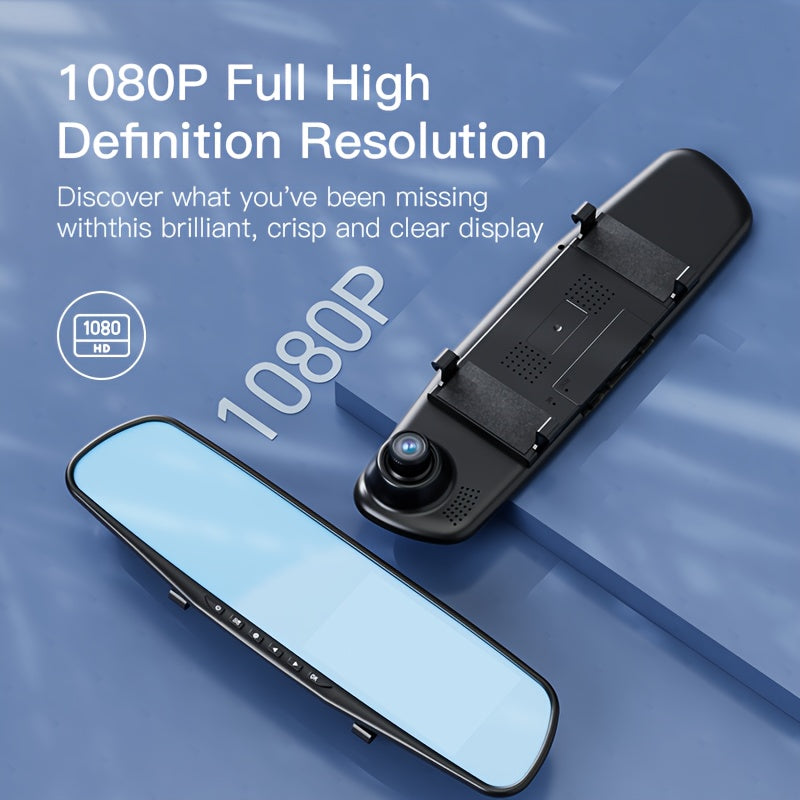 Rechargeable HD 1080P dual-view car dash cam for front and rear panoramic recording, USB powered.