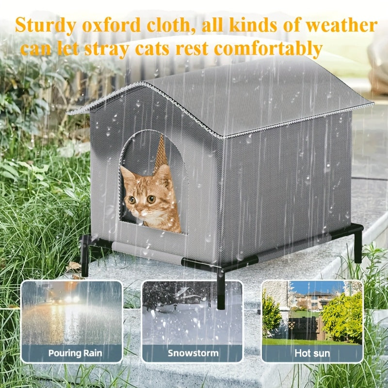 1pc Classic Oxford Cloth Outdoor Cat House with Raised Stand, Double-Sided Mat, Aluminum Foil Insulation, Weatherproof & Insulated Feral Cat Shelter, Pre-Assembled for Multiple Kittens &