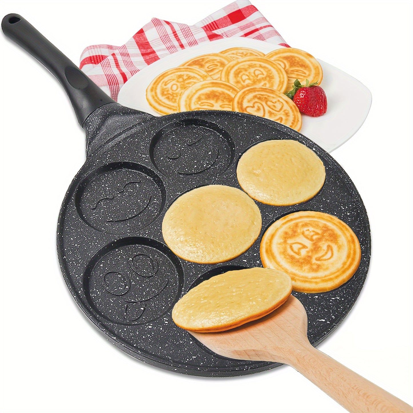 Non-stick pancake pan with 7 face molds for easy cleaning and perfect breakfasts.