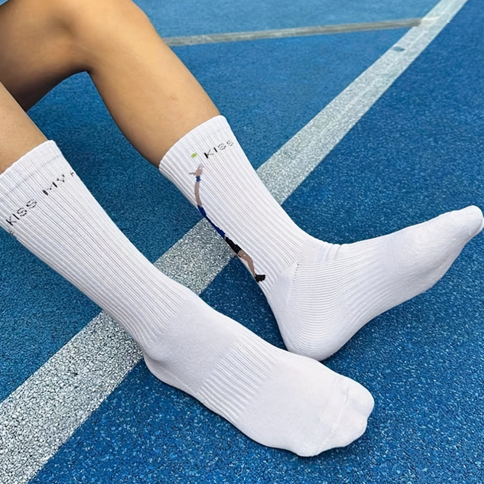 Men's tennis sports socks in cotton blend knit fabric with cartoon print. Suitable for football, tennis, fitness in all seasons. Unisex couple socks in European and Japanese style. Hand