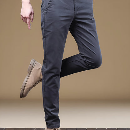 Men's premium cotton straight-leg business casual pants with a thick, classic design featuring button closure, elastic waistband & cuffs, and a slim fit for all-day comfort.