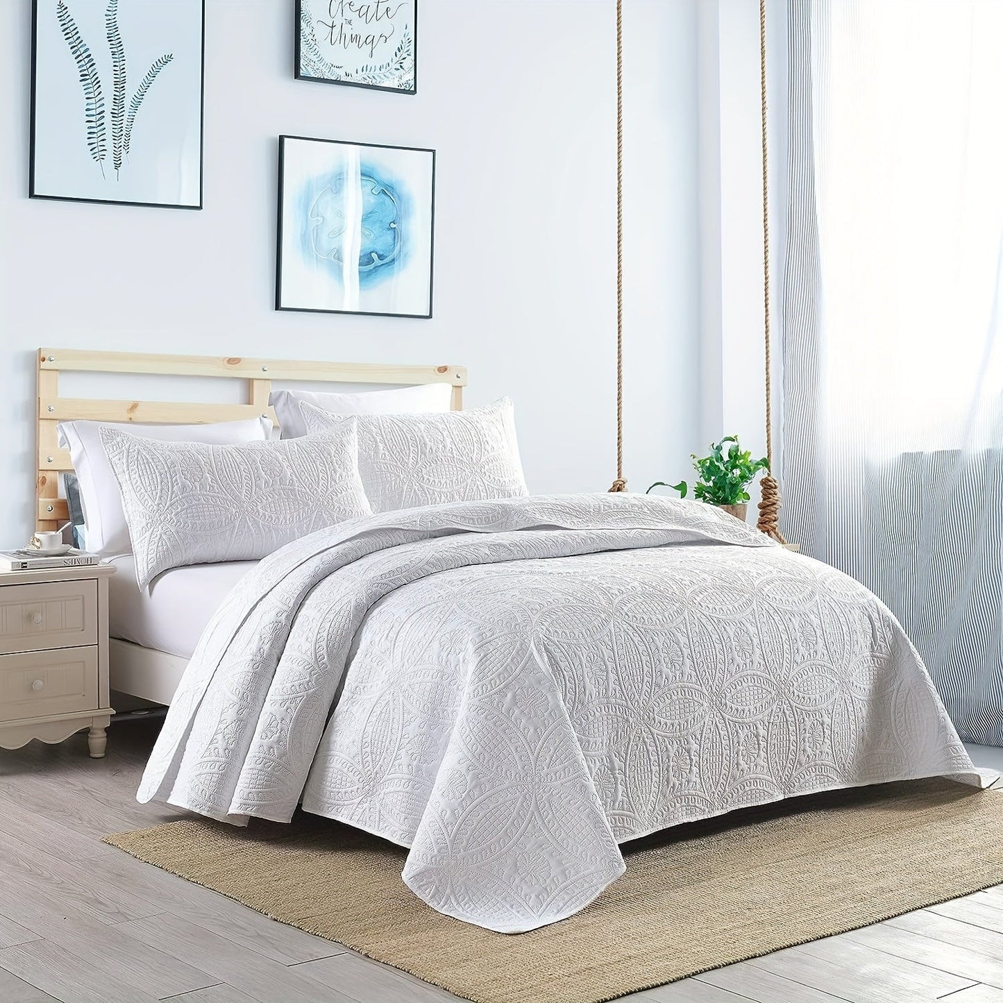 Comfortable and airy three-piece bedspread set featuring Soundwave technology and embossed circles design. Set includes one bedspread and two pillowcases, ideal for adding a touch of summer comfort to your bedroom or dorm decor. The perfect addition to