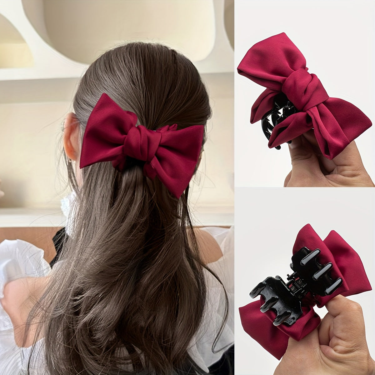 Elegant bowknot hair clip in khaki and black for women's daily wear, non-slip and perfect for ponytails.