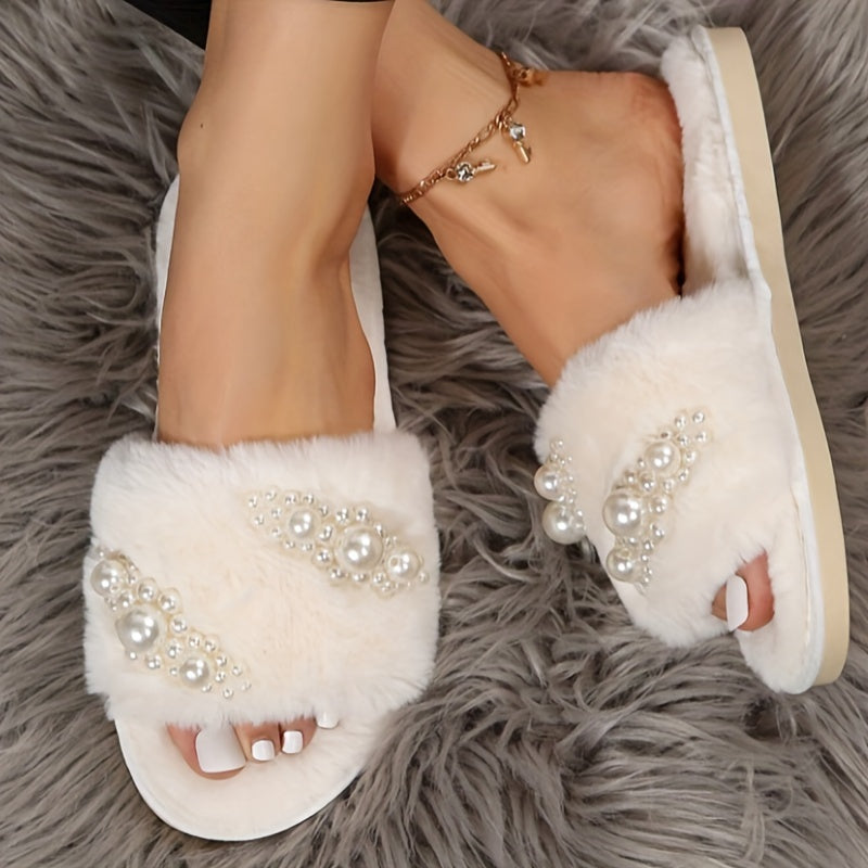 Cozy faux pearl home slippers with non-slip sole for winter