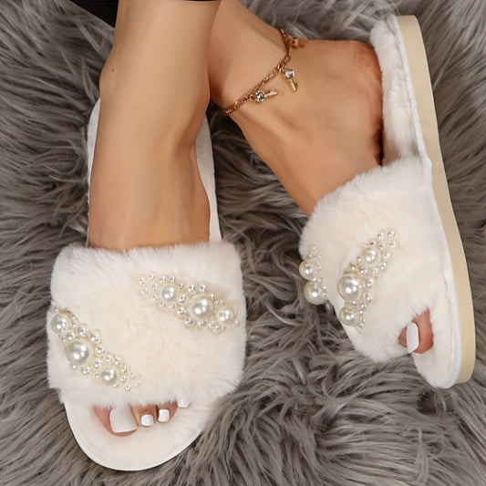 Cozy faux pearl home slippers with non-slip sole for winter