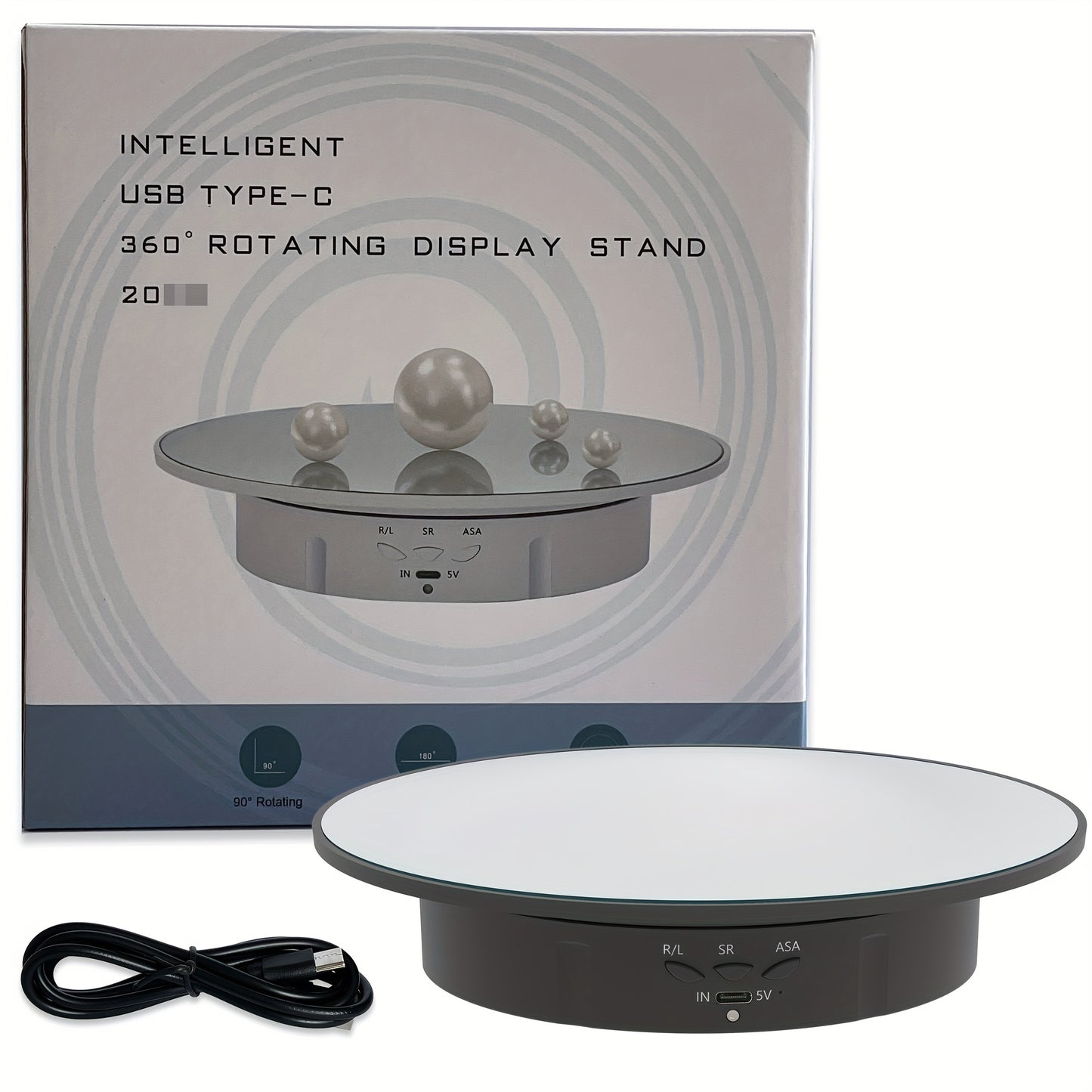 Motorized rotating display stand with 19.99cm pedestal, 360° adjustable speed, 7.71 KG load capacity. Suitable for photography, jewelry, and 3D model exhibitions. Can be powered by USB or