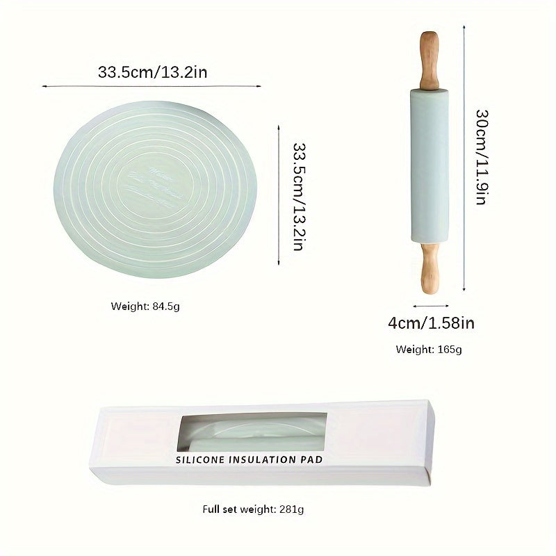 Set of 2, Rolling Pin and Pastry Mat. Includes a rolling pin with a wooden handle and a silicone pastry mat. Perfect for baking enthusiasts, this set is a must-have kitchen tool. Ideal for creating delicious pastries and baked goods. Enhance your kitchen