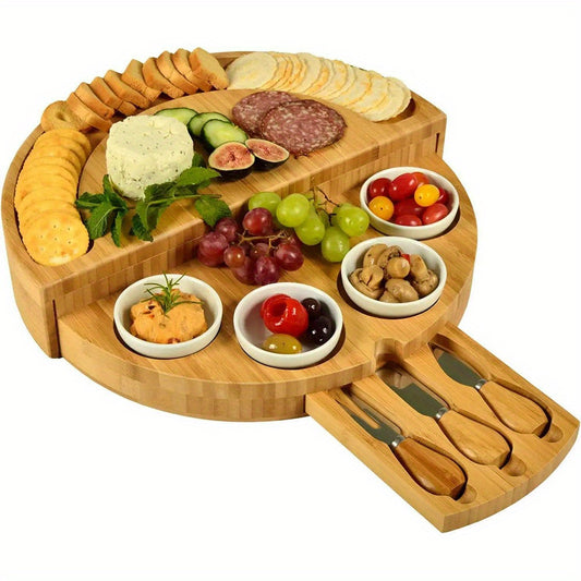 Bamboo cheese board set with slide-out drawer and foldable storage - ideal for gatherings and Ramadan celebrations.