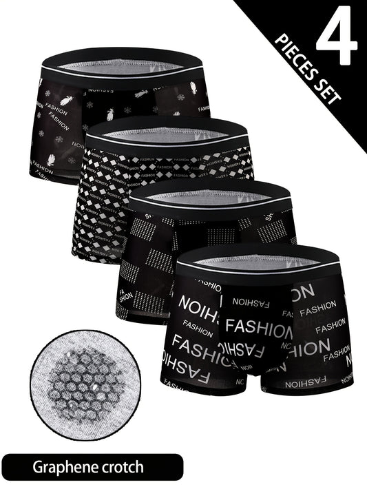 4pcs Stylish Letter Print Graphene Men's Boxer Briefs with "FASHION" Design, Breathable Underwear, Knit Construction