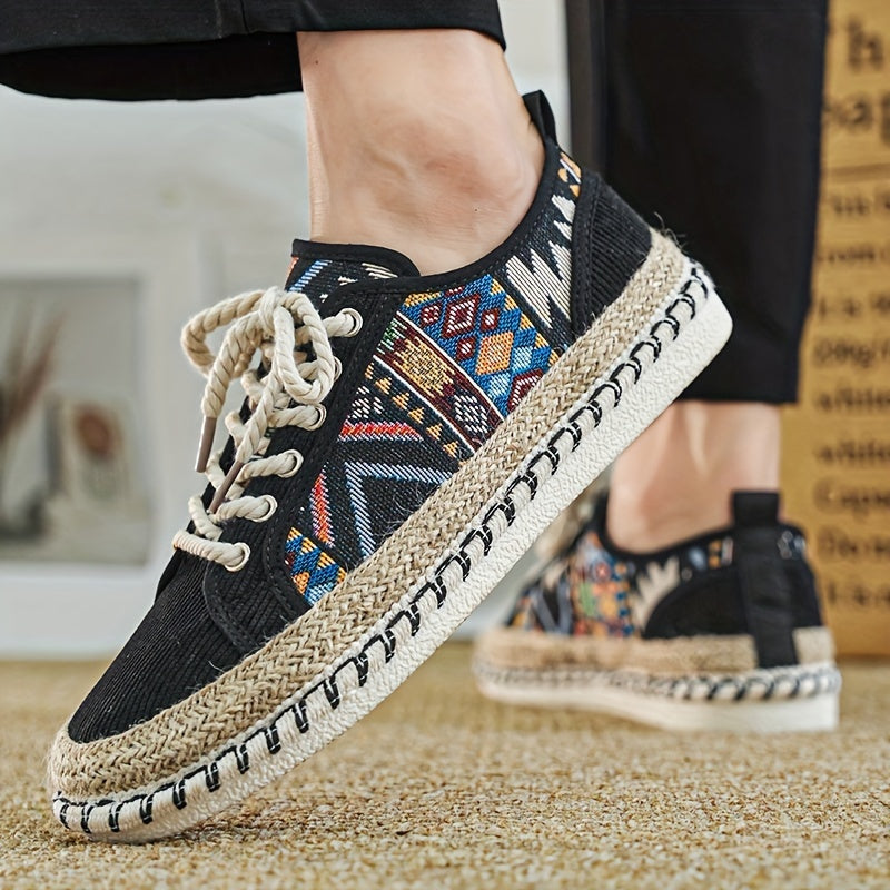 Trendy tribal sneakers with lace-up design, lightweight espadrilles, durable non-slip sole, breathable summer shoes for women.