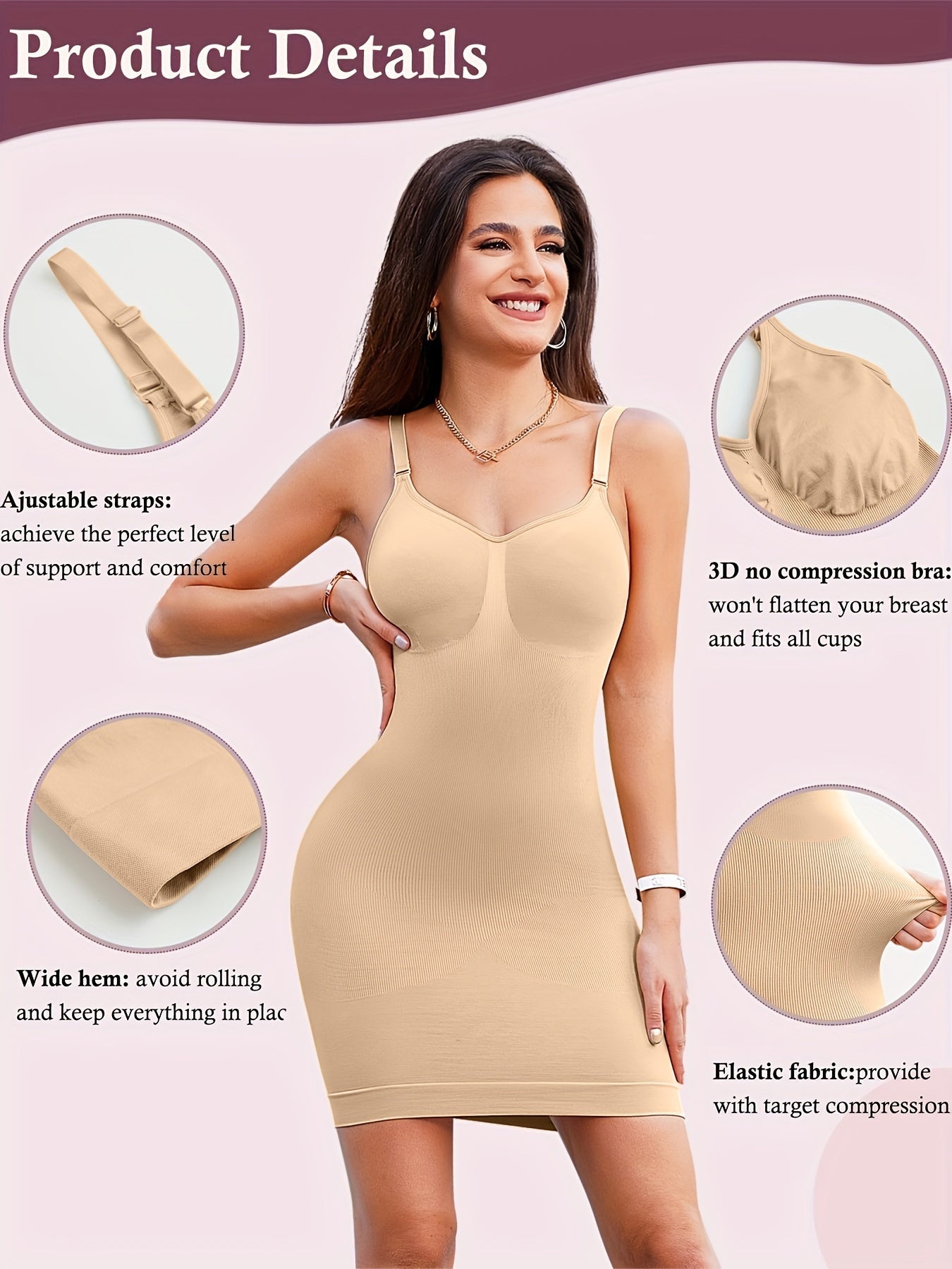 Seamless, adjustable full slip shapewear dress for women offering tummy control and body shaping.