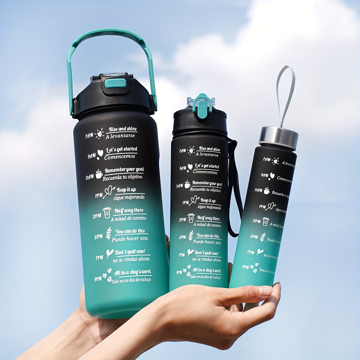 Motivational water bottle set for outdoor activities and fitness; ideal for camping, hiking, and birthday gifts.