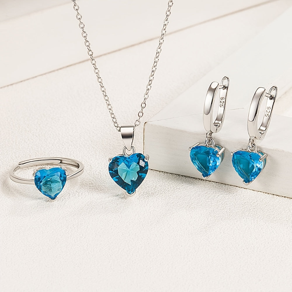 Set of four Heart-Shaped Cubic Zirconia Jewelry Pieces, Stylish and Elegant 925 Silver Plated Copper, Includes Romantic Necklace, Ring, and Earrings, Featuring Synthetic Zirconia, Perfect for Anniversary, Wedding, or Valentine's Day - Suitable for All