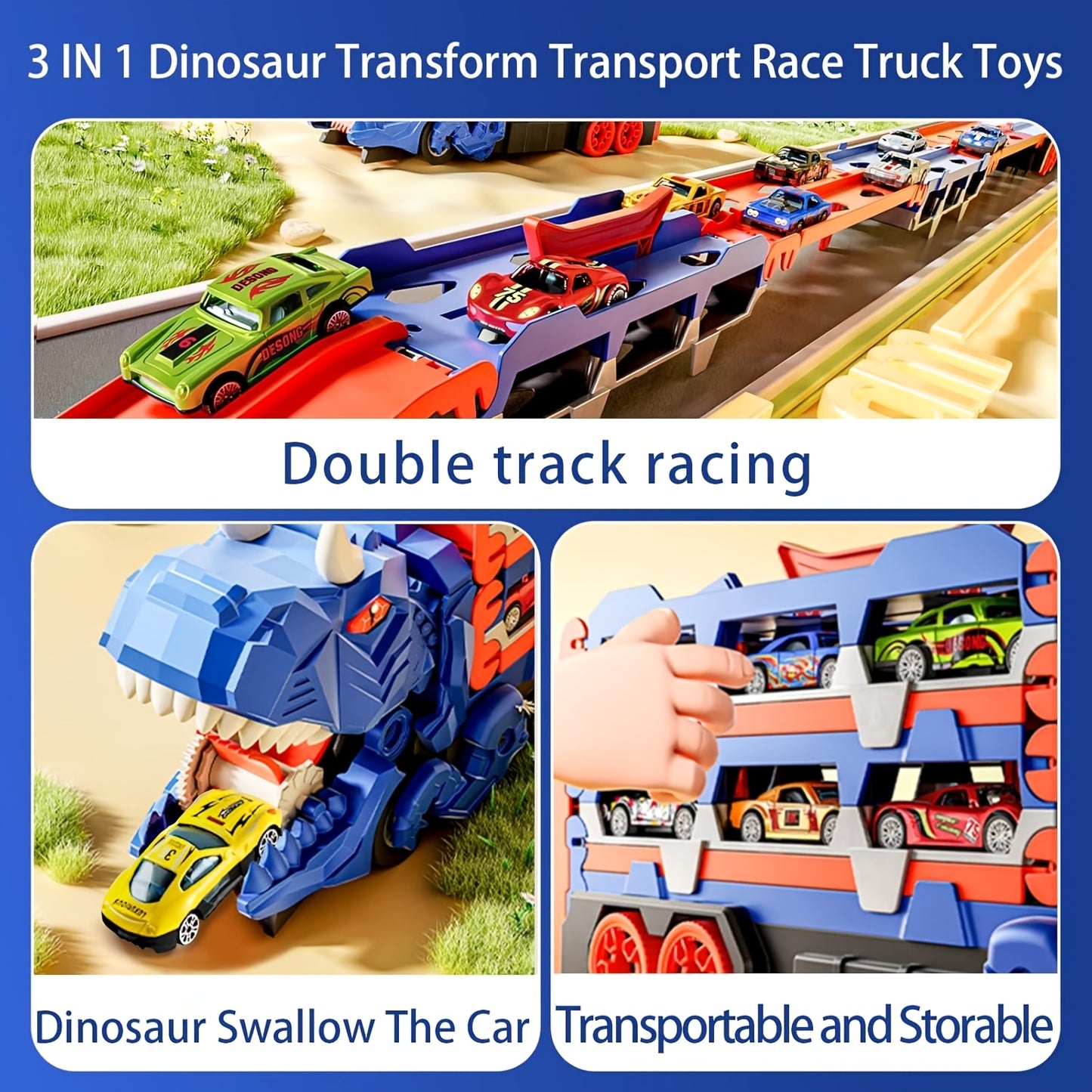 Dinosaur transformation transport track toy with car-swallowing feature, includes 6 mini cars, random colors and styles. Features foldable sliding 56-inch dual race track. Great gift for