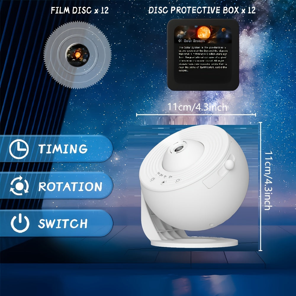 Galaxy projector with 12 replacement plates for adult bedroom or living room decoration, featuring high definition images of solar system constellations and the moon.