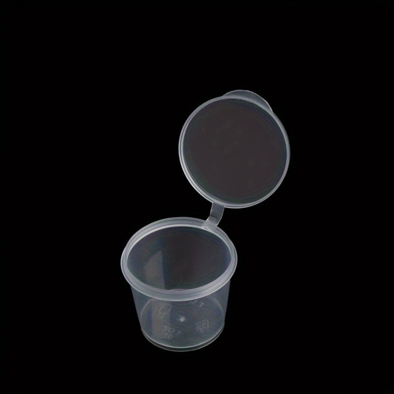 100 pieces of plastic disposable sauce containers with lids - small, clear food storage cups for condiments, snacks, dressings. These containers are BPA-free and food-safe, perfect for takeout meals.