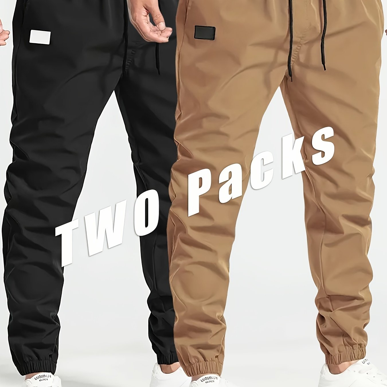 2-Pack Men's Cargo Pants, 100% Polyester, Solid Color, Loose Fit with Drawstring, Regular Length, for Hiking & Outdoor Wear