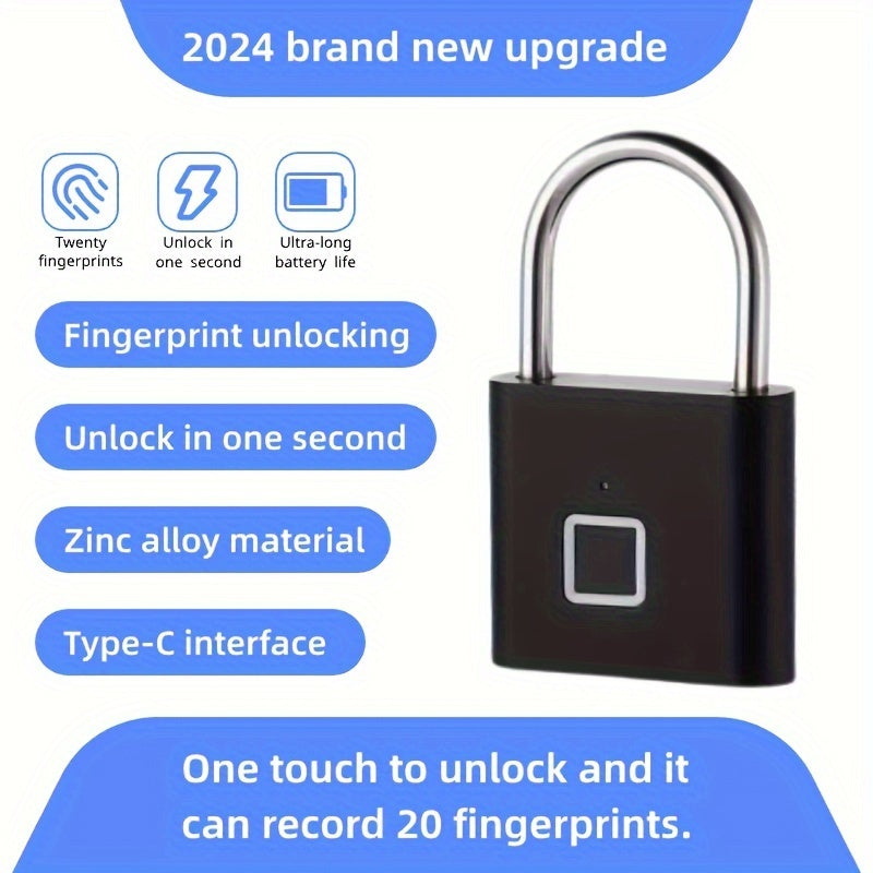 Upgraded Type-C fingerprint padlock with storage for 20 prints, made of zinc-golden alloy.