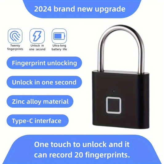 Upgraded Type-C fingerprint padlock with storage for 20 prints, made of zinc-golden alloy.