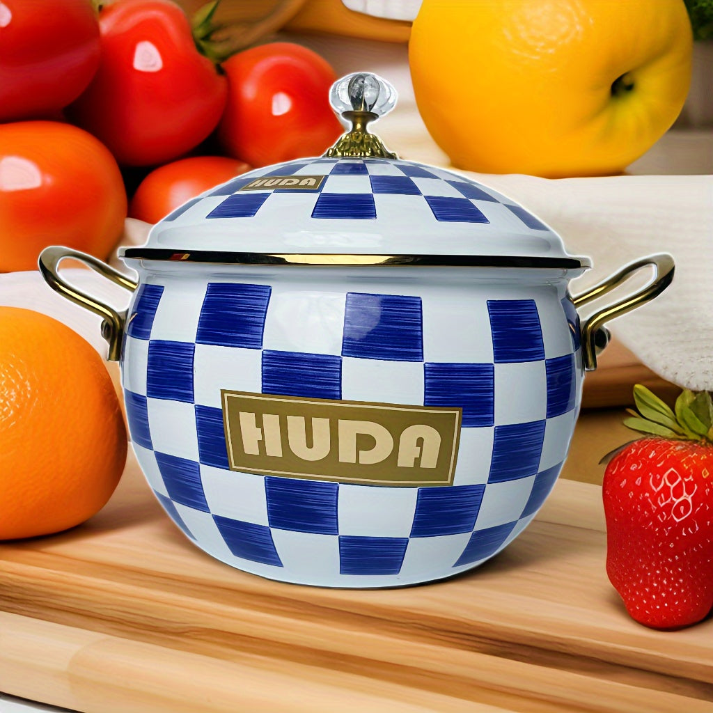 Large capacity enamel coated stockpot with lid, featuring a thick construction and vintage style. This double-handled stew and soup pot is perfect for versatile cooking and is suitable for gas and induction cooktops.