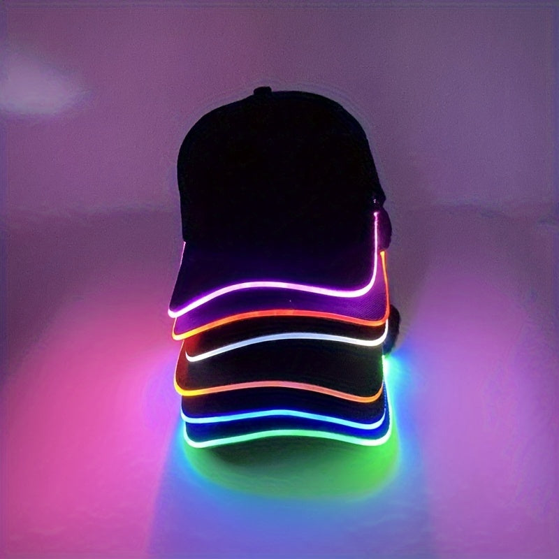 LED light-up baseball cap for parties, carnivals, and hip hop performances. Batteries included.