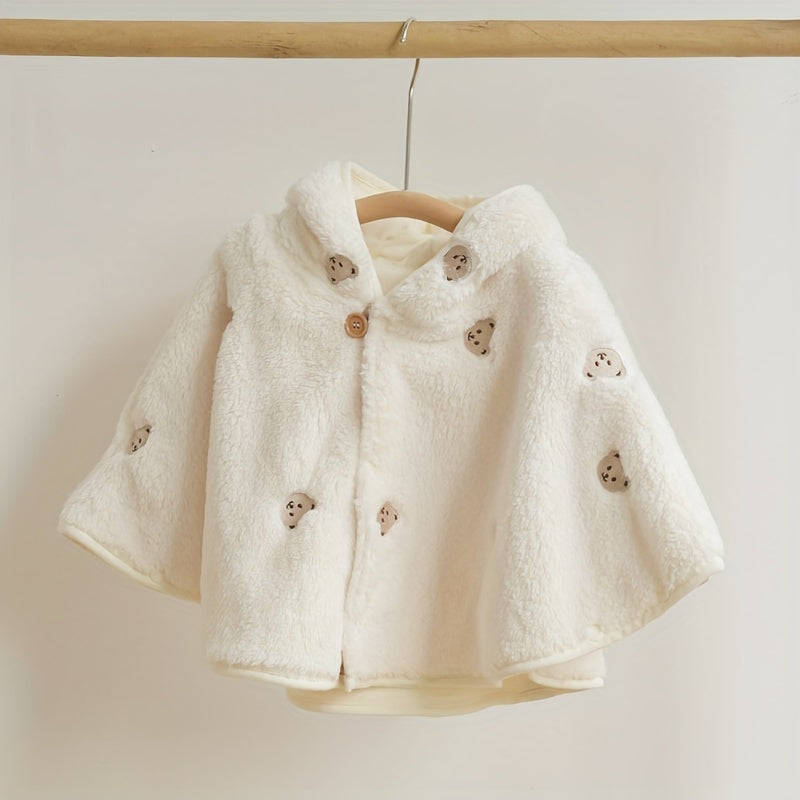 Children's hooded cape with outer coral velvet and inner linen, featuring a thickened design for windproof protection. This high-end cloak includes an embroidered pattern, perfect for keeping your baby warm and stylish during outings.