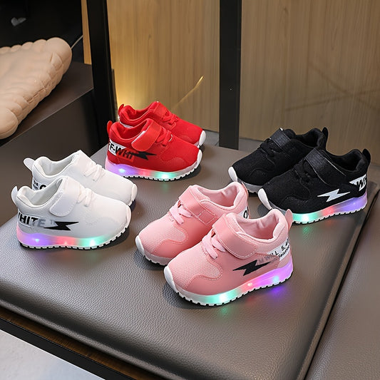 LED light-up sneakers for kids with breathable fabric and non-slip rubber sole, ideal for all seasons.