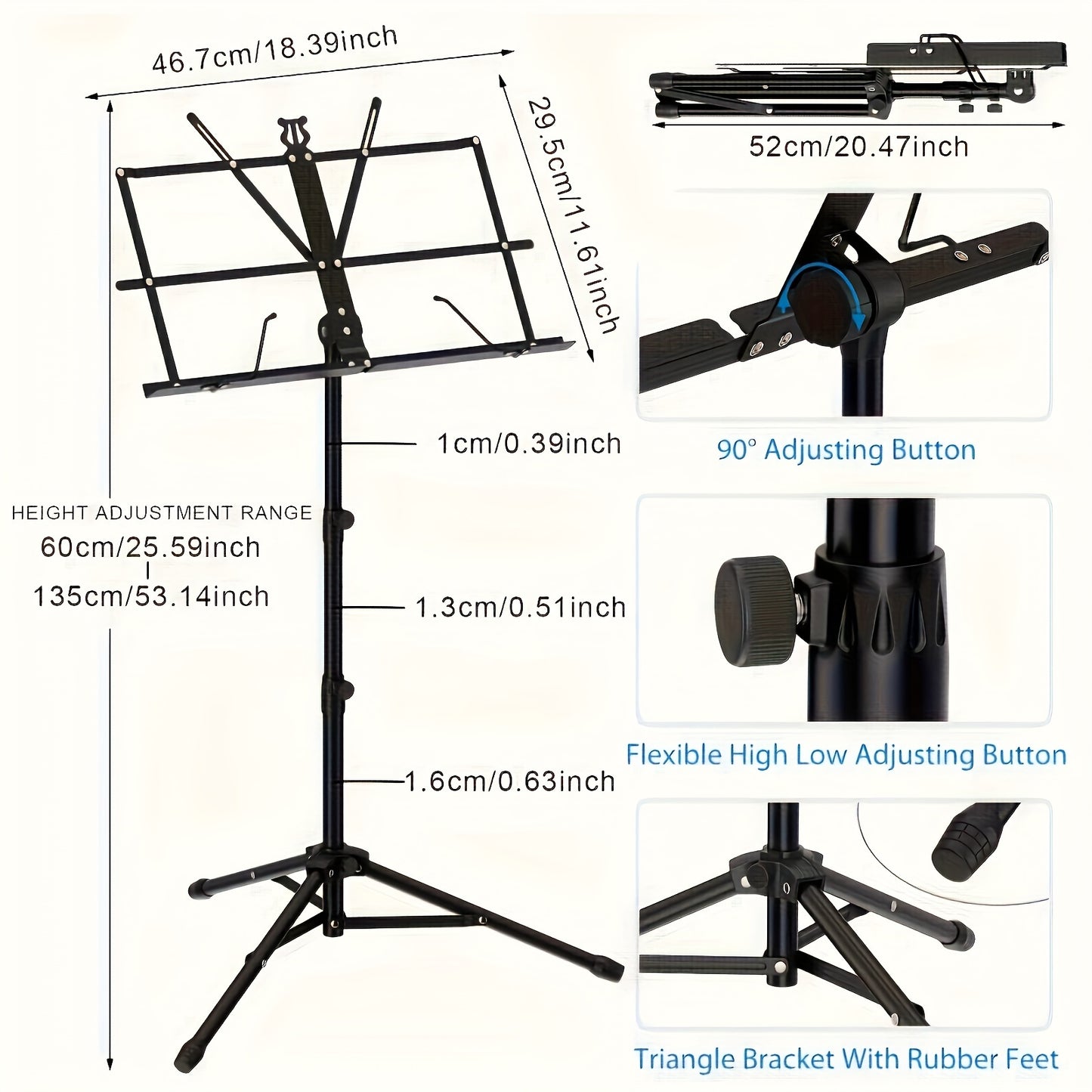 Portable folding music stand for sheet music.