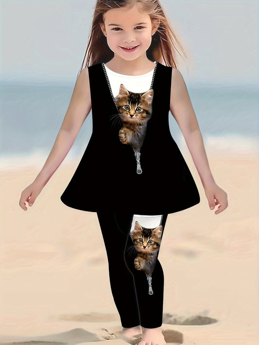 2 piece set for girls featuring a cat graphic sleeveless crew neck t-shirt and pants, perfect for summer outdoor wear. Great as a gift.