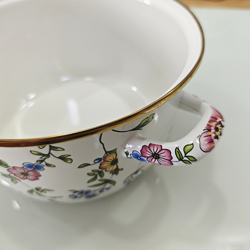 Enamel Stockpot with Lid, Floral Design and Double Handle Cooking Pot for Home Kitchen Soup, Stew, and Casseroles.