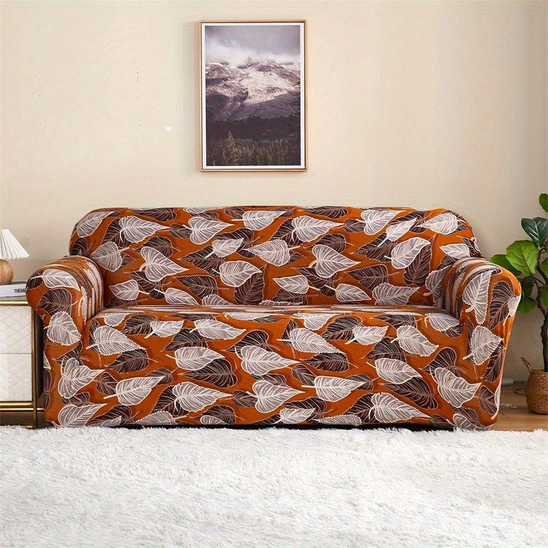 Modern printed sofa slipcover with elastic closure, made of 95% polyester and 5% spandex. Machine washable with active printing and stitched craftsmanship. Fits armchairs to sectional sofas, weighing 100-120gsm fabric.