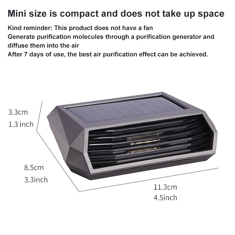 Solar-powered car air purifier with motion sensor for 7-day freshness, auto shut-off when parked, no consumables required, includes high-efficiency panel and lithium battery.