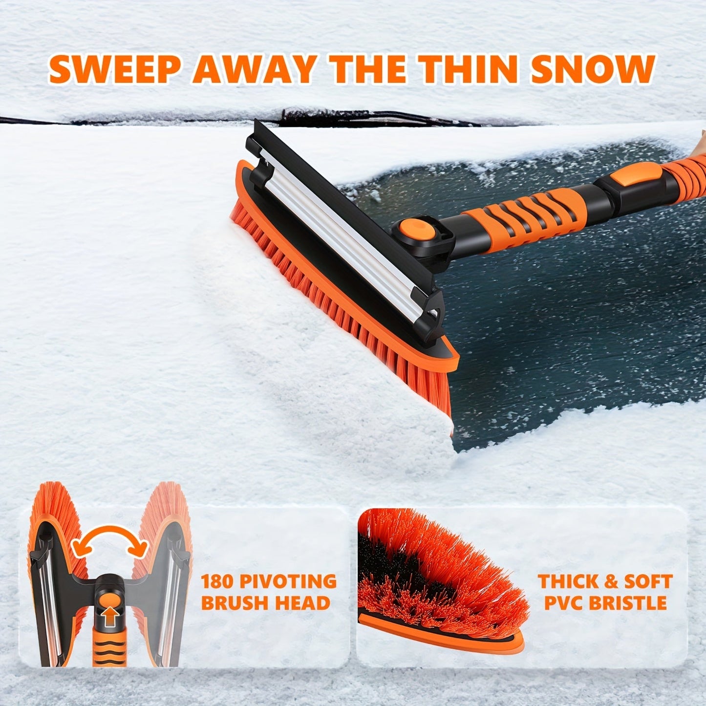 Winter Snow Broom with Extendable Snow Shovel, Car Glass Scraper, and Non-Slip Warm Gloves. PVC Soft Bristle Ice Scraping Tool for Heavy Snow. Outdoor Cleaning Accessory. Pack of 4pcs. Length: 109.98cm.